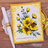 Buttery yellow florals with a bee on honeycomb-stenciled card, sweet as honey in script