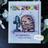 Floral card with the grumpy cat and fan, captioned 'Oh Fantastic... it's your birthday.'