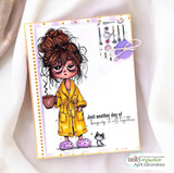 Card featuring the tired girl in a yellow robe with coffee and a row of crafting tools, captioned 'Just another day of keeping it all together.'