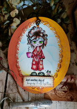 Oval-framed card with the tired girl in a pink robe, captioned 'Just another day of keeping it all together.'