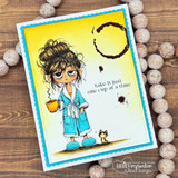 Bright card with the tired girl in a teal robe holding coffee, a coffee-ring stain, and the sentiment 'take it just one cup at a time.'