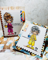 Two coordinating cards with the tired coffee girl colored in pink and yellow robes, captioned 'Just another day of keeping it all together.'
