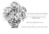 Stamp sheet for Newsworthy Blooms: a full peony bouquet in a newsprint wrapped vase, plus the sentiments 'We cannot thank you enough.', 'miss you.', 'We are so happy for you.' and 'Today is a good day to have a good day.'