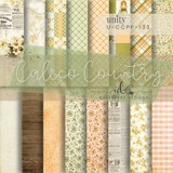 Calico Country 6x6 paper pack cover — country patterns in sage green, peach and cream: plaid, gingham, small florals and vintage text.
