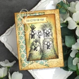 Card using the paper pack: two wild-eyed chickens with 'Egg-cited for you!'