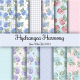 Hydrangea Harmony 6x6 paper pack fanned out: blue and pink hydrangea blooms, gingham, dots and fine stripes in lavender, sky blue and soft rose.