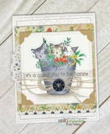 Layered card of the bucket of kittens on floral papers, 'it's a good day to be happy.'