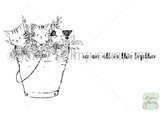 Line-art stamp of a bucket brimming with wildflower-topped kittens, sentiment 'we are all in this together.'