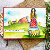 Card with Bobbie Sue and chickens in front of a red barn landscape.
