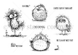 Red rubber stamp sheet with four fluffy wide eyed birds, one plump and one tall, plus a tiny worm, alongside 'HELLO, FROM THE FLOCK' and 'WE FLOCKIN' MISS YOU!'.