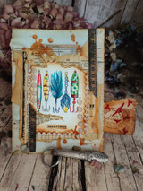 Vintage collage card with painted lures over ruler and newsprint ephemera