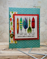 Red and teal layered card with five colorful lures and 'Have a reel-y great day'