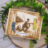 Sepia fisherman-on-dock card with plaid accents and 'O-Fish-Ally retired'