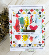 Splatter-art card with red, yellow, and blue lures, a heart, and a 'thank you' label