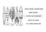 Red rubber stamp sheet: five vintage fishing lures with five punny sentiments including 'Best fishes' and 'Catch ya later'
