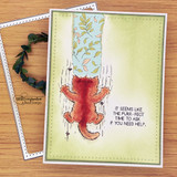 Card with the clinging cat on green paper with a floral strip and the "purr-fect time" sentiment