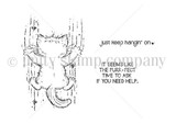 Black-and-white stamp layout of the clinging cat with "just keep hangin on" and "the purr-fect time to ask if you need help"