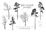 Red rubber stamp sheet of nine bare and leafy tree silhouettes in a row, alongside 'BEYOND grateful' and 'there is no good card for this. we are so sorry.'