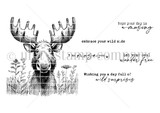 Black-and-white stamp set layout of the moose with sentiments including "embrace your wild side" and "let your soul wander free"