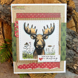 Layered card with the moose among wildflowers, kraft and red papers, small heart