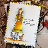 The woman in an olive-green dress holding a hen on a scalloped card, with "With His love He will calm all your fears."