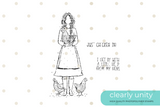 Line-art clear stamp of a woman in an apron cradling a hen with chickens at her feet, plus sentiments "Just chicken in!" and "I get by with a little help from my hens."