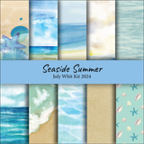 Seaside Summer 6x6 paper pack — watercolor ocean waves, sandy beach, seashells and starfish in soft blues and tan.