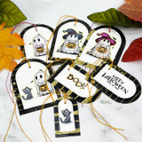 Cluster of Halloween tags with ghosts in colored witch hats and "Boo!" and Halloween sentiments