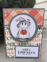 Card with a single witch-hat ghost holding a jack-o'-lantern in a circle, "Happy Halloween trick or treat"