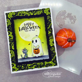 Green-and-black framed card with a ghost holding a jack-o'-lantern, "Happy Halloween trick or treat," pumpkin prop