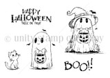 Red rubber stamp sheet with a little ghost carrying a jack o lantern bucket, a small cat and bats, alongside 'HAPPY HALLOWEEN TRICK OR TREAT' and 'BOO!'