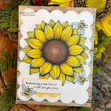White scalloped card with sunflower and bees — wishing you a day full of wild surprises