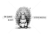 Line-art red rubber stamp set 'Stay Squirrelly' showing a bushy-tailed squirrel with punny sentiments 'Stay squirrelly,' 'you're my kind of nut' and 'aw, nuts!', by Lisa Arana.