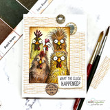 Neutral kraft card featuring the four chickens with the sentiment 'What the cluck happened?'