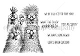 Unity Stamp Co red rubber stamp set by Lisa Arana showing a cluster of four wide-eyed, frazzled chickens with puns like 'What the cluck happened?' and 'We're egg-cited for you.'