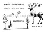 A Wintry Hello red rubber stamp set in line art: a detailed stag with full antlers, a snowy tree-line scene, three snowflakes, and the sentiments “WALKING IN A WINTER WONDERLAND,” “CELEBRATE THE JOY OF THE SEASON,” “SEASON'S GREETINGS” and “A WINTRY HELLO.” Illustrated by Lisa Arana.