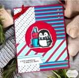Red-and-aqua striped card with a penguin holding presents in a circle, 'a little something to keep you warm.'