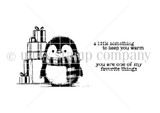 Red rubber stamp sheet with a plaid penguin beside a tall stack of wrapped gifts, alongside 'a little something to keep you warm' and 'you are one of my favorite things'.