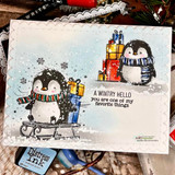Wintry hello card — two penguins with stacked presents, you are one of my favorite things