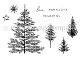 Red rubber stamp art of four detailed pine trees with snowflake, star, 'love' and from-all-of-us sentiments