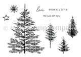 Red rubber stamp art of four detailed pine trees with snowflake, star, 'love' and from-all-of-us sentiments