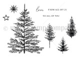 Red rubber stamp sheet with a group of pine trees in four sizes, a snowflake and a star, alongside 'Love FROM ALL OF US TO ALL OF YOU'.