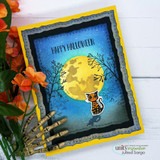 Card with an orange cat on a full-moon night scene and "Happy Halloween"