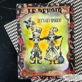 Card with two top-hat ghoul figures on a gothic background and "Let's get spooky!"