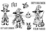 Black-and-white stamp set layout of the witch, scarecrow, ghouls, cat and pumpkin with "EEK!," "Happy Halloween," "Let's get spooky!," "Feelin' wicked"