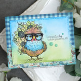 Blue gingham card of the pastel hen with 'feeling clucky to have you in my life'