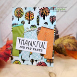 Autumn-tree patterned card with layered gift-shaped panels and a bold “THANKFUL FOR FAT PANTS” sentiment block.