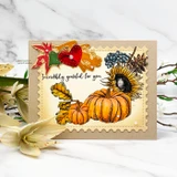 Handmade card made with Unity Stamp Co’s Incredibly Grateful red rubber stamp set — an autumn arrangement of pumpkins, a sunflower, berries and fall leaves — stamped and colored, with the sentiment “Find the blessing in everything”.
