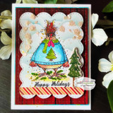 Card of the hen in a teal holiday sweater with a Christmas tree, 'Happy Holidays' on red woodgrain.