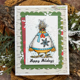 Card of the hen in a blue holiday sweater on a snowy woodgrain panel, 'Happy Holidays.'